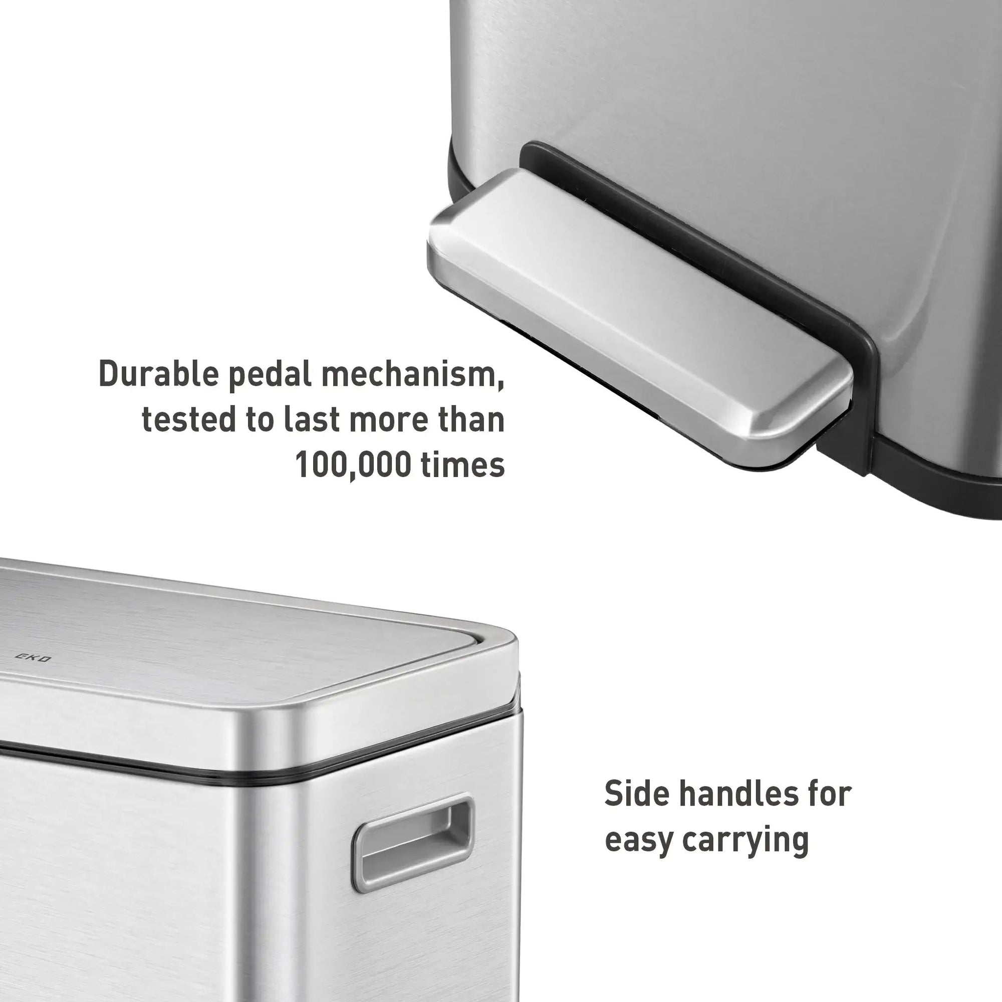 Stainless steel trash can with pedal mechanism and side handles on a white background