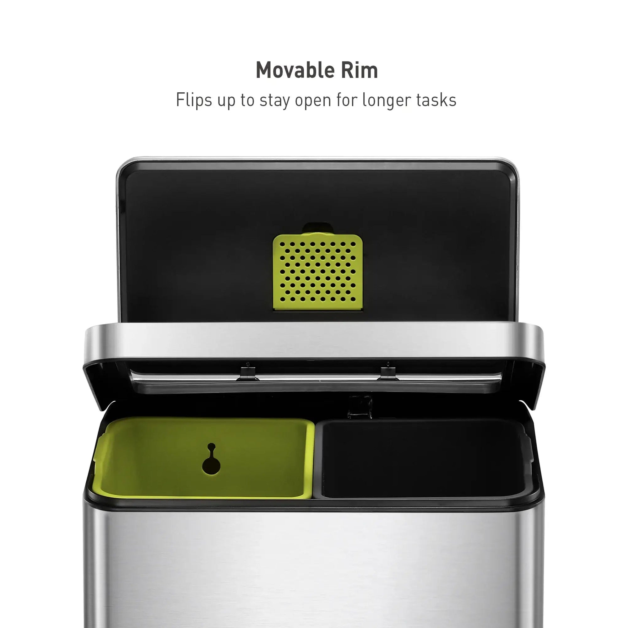 Smart waste bin with movable rim feature on a white background