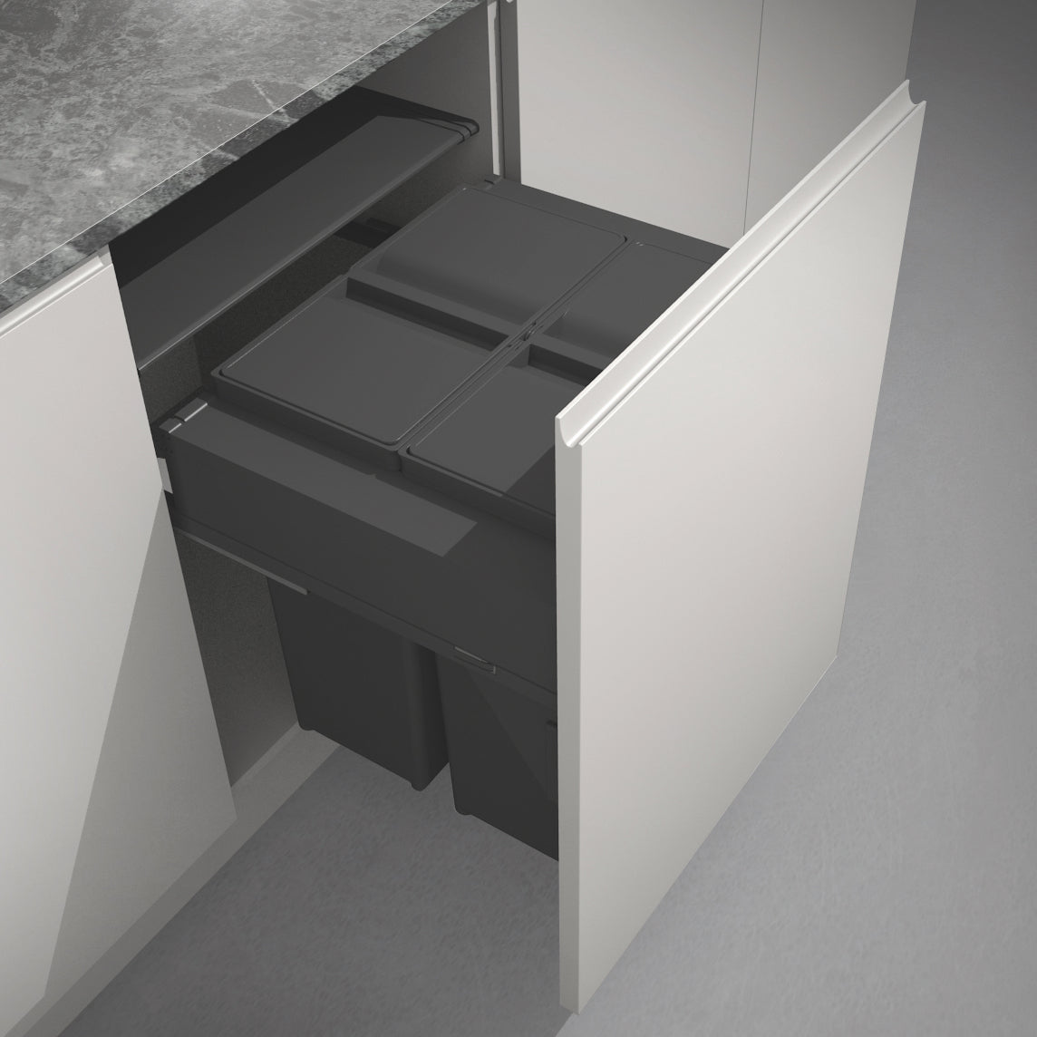 he Gollinucci 2 Compartment 80L Integrated kitchen Recycling bin , features two 40L bins with individual lids and an overall lid.