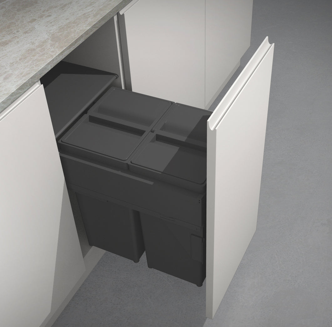 This Gollinucci Linea 580 Plus 2 Compartment 58L integrated recycling bin has an overall lid and two compartments.