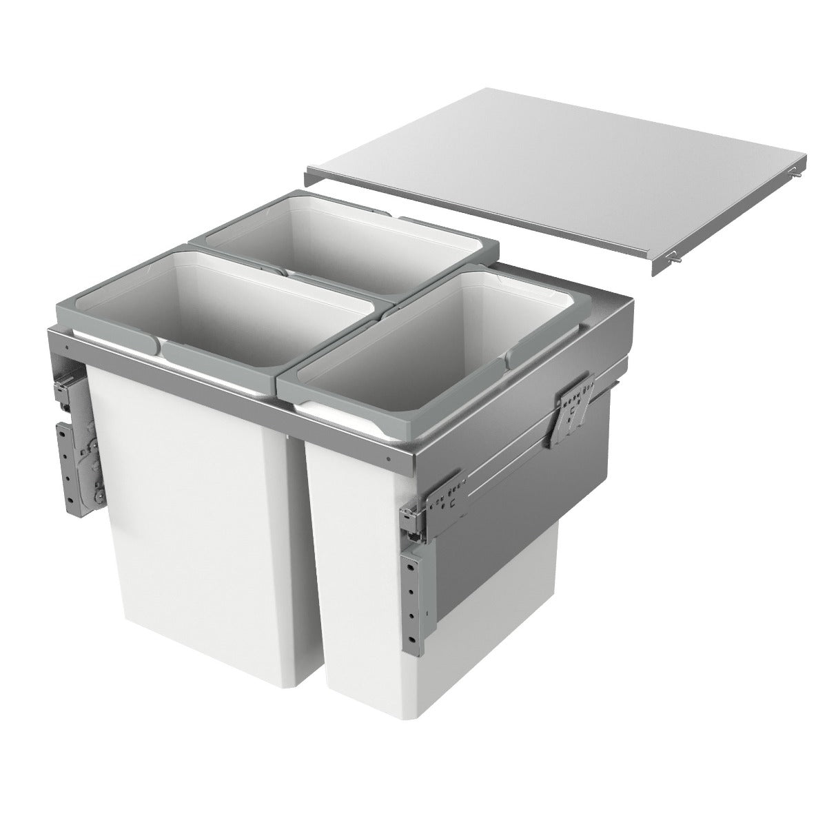 A silver grey Vauth-Sagel in-cupboard kitchen bin with three compartments for separating waste and recycling.