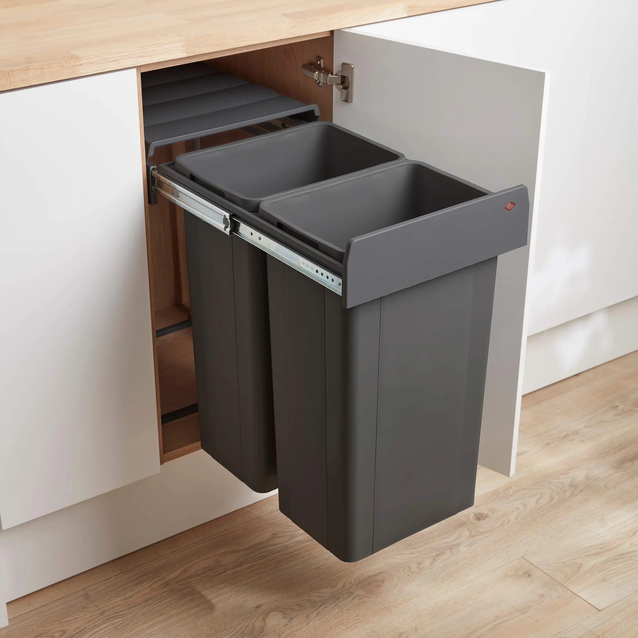 Wesco Big Bio Double 2 Compartment 64 litre in-cupboard kitchen recycling bin for 600mm wide hinged door cabinet 757812-72