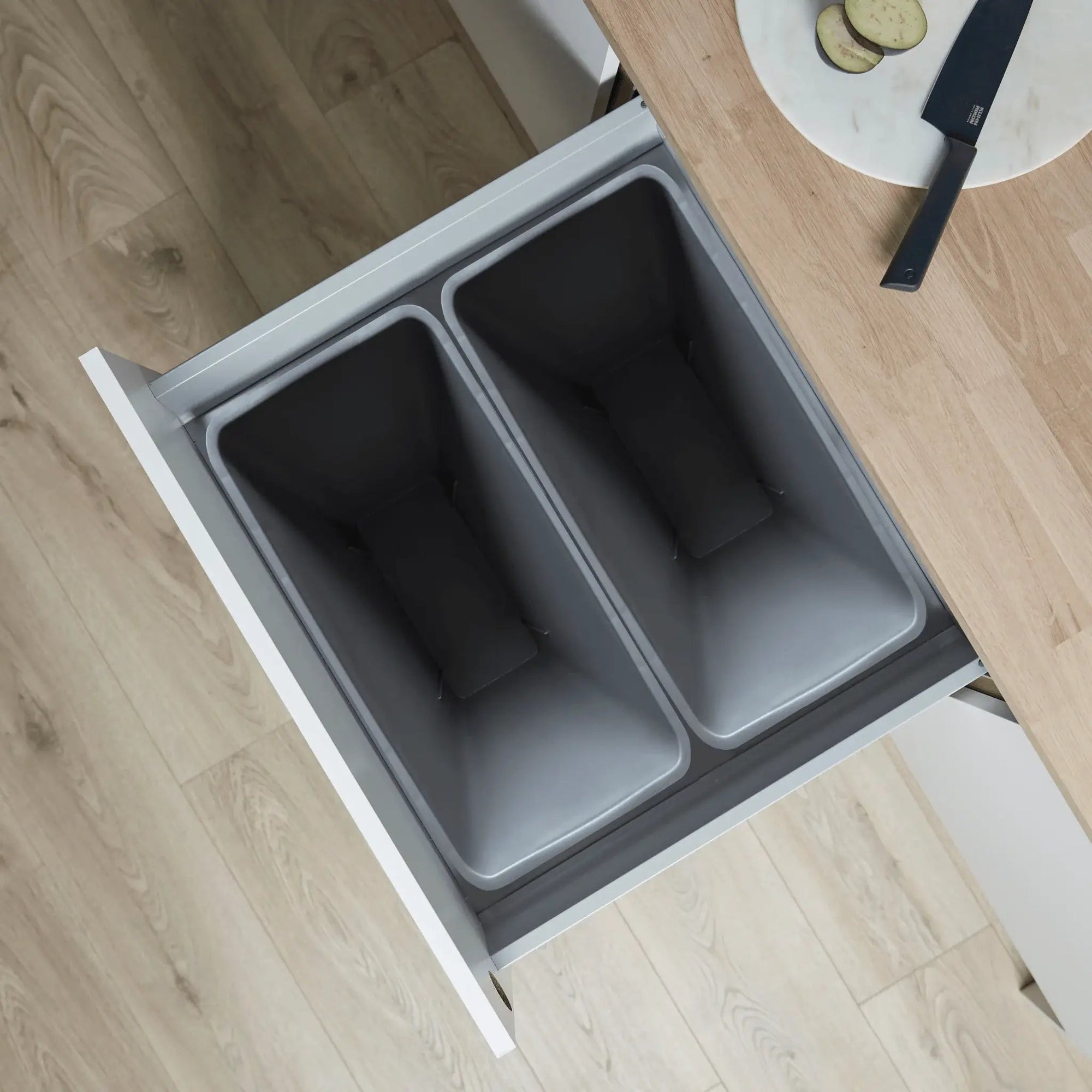 Wesco Pullboy-Z 2 compartment 84 Litre in-cupboard kitchen recycling bin for 600mm wide cabinet 827WS642-85