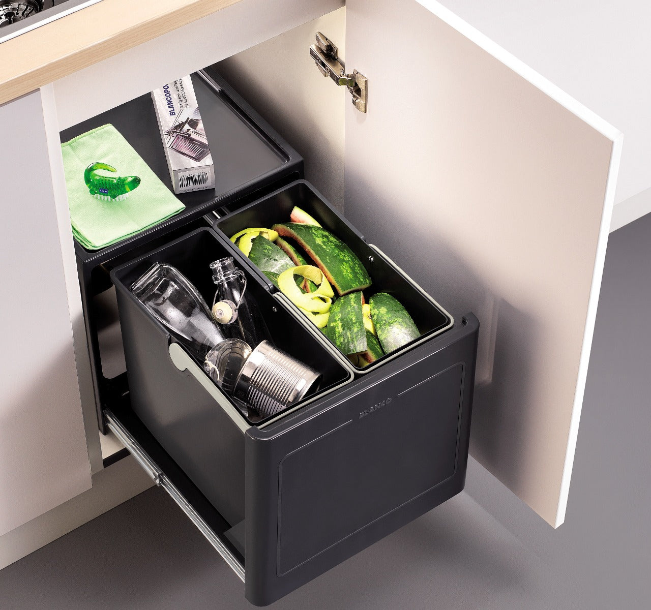 Blanco 2 compartment 26 Litre in-cupboard kitchen recycling bin for 450mm wide hinged door cabinet 517BL467