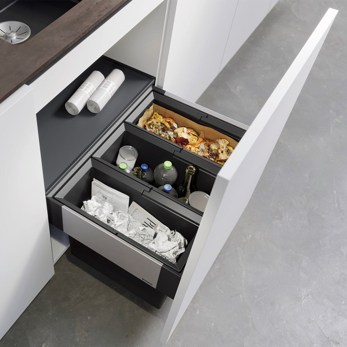 Blanco Select 3 compartment 45 Litre in-cupboard kitchen recycling bin in dark grey for 600mm wide cabinet 526BL204