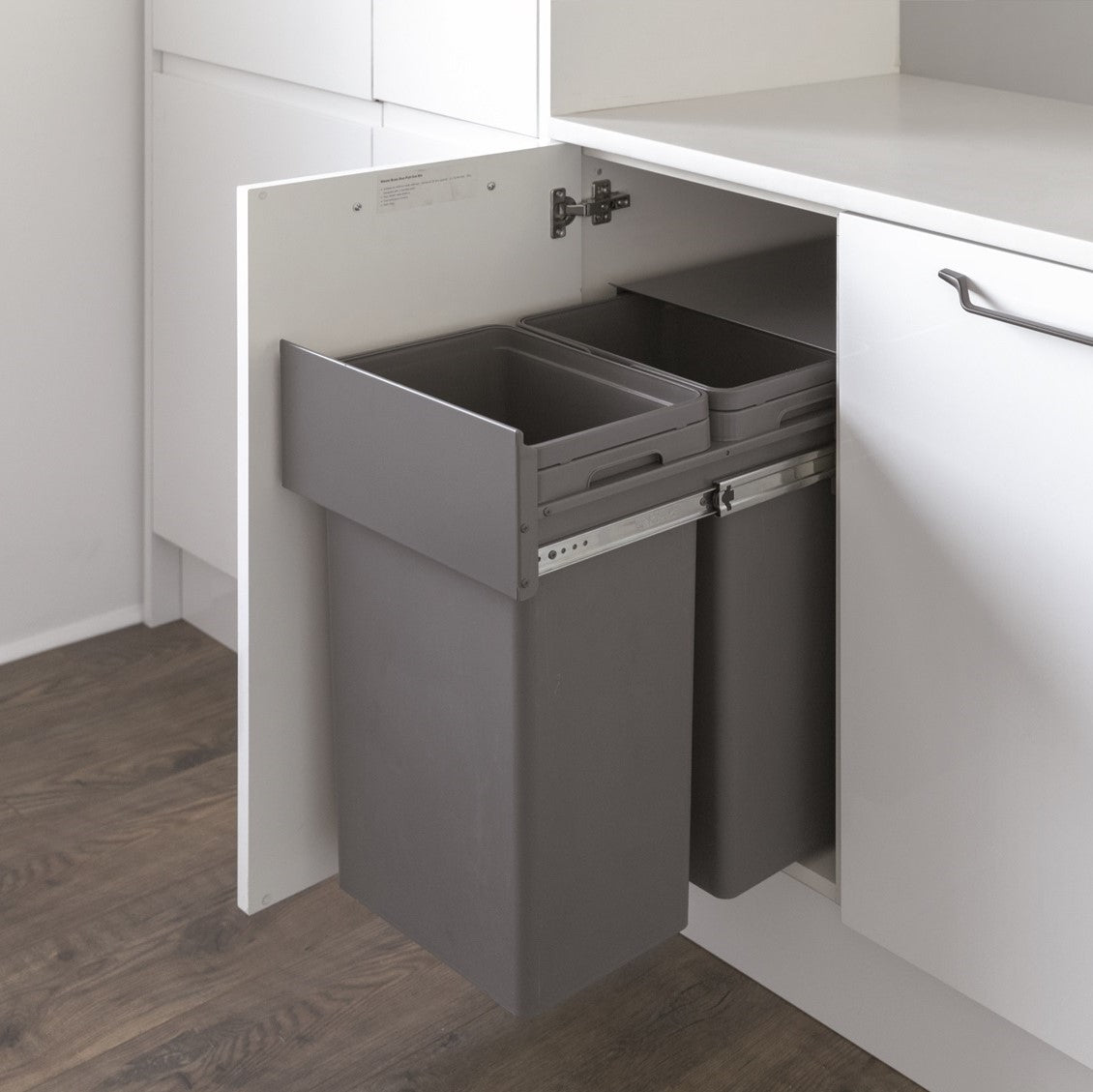 Hafele 2 compartment 64 Litre in-cupboard kitchen recycling bin for 400mm wide hinged door cabinet 502.HF21.413