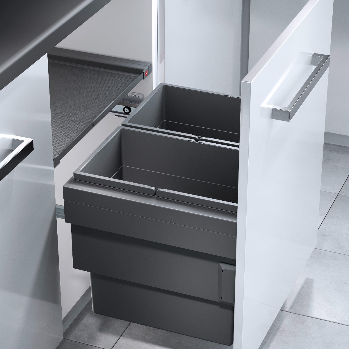Hailo Cargo Synchro 2 compartment 56 Litre in-cupboard kitchen recycling bin in dark grey for 600mm wide cabinet 502.HL58.506