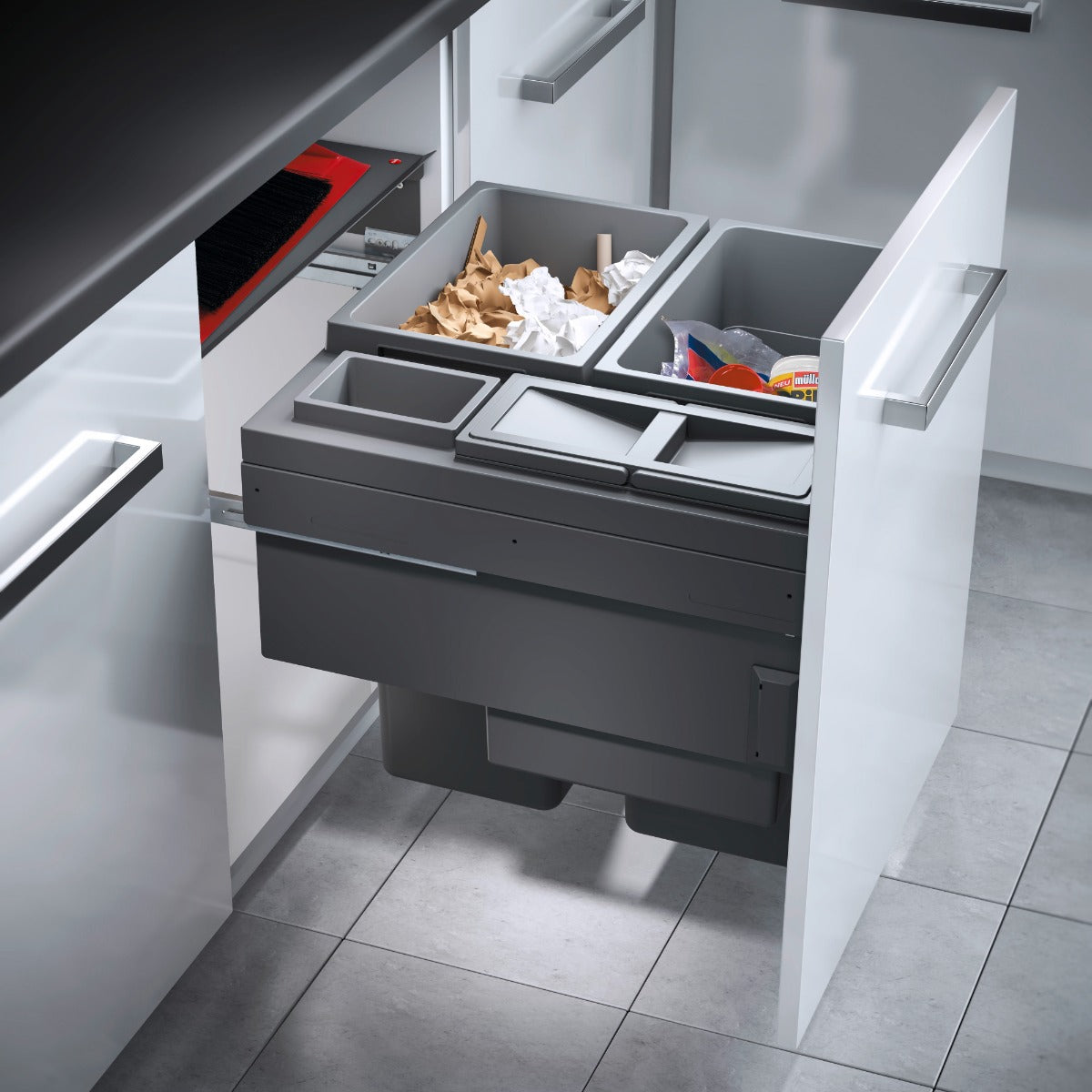 Hailo Euro Cargo 4 Compartment 90L integrated kitchen recycling bin for easy recycling and waste sorting