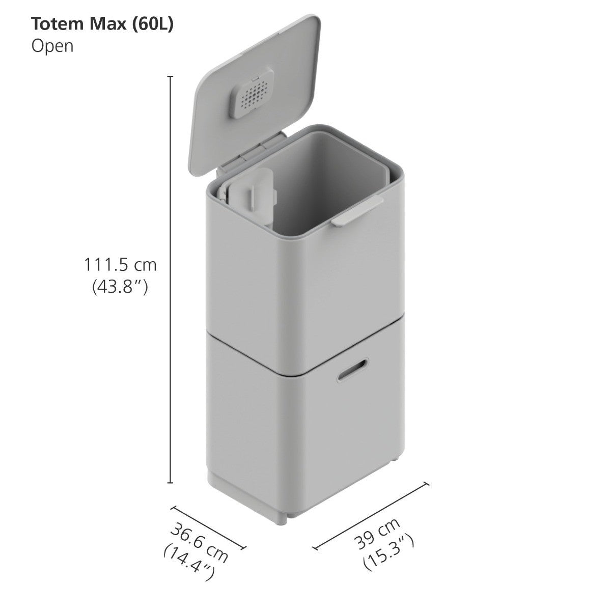 Joseph Joseph 3-Compartment Totem Max 60 Litre Kitchen Recycling Bin in Stainless Steel 30060 dimnesions when open