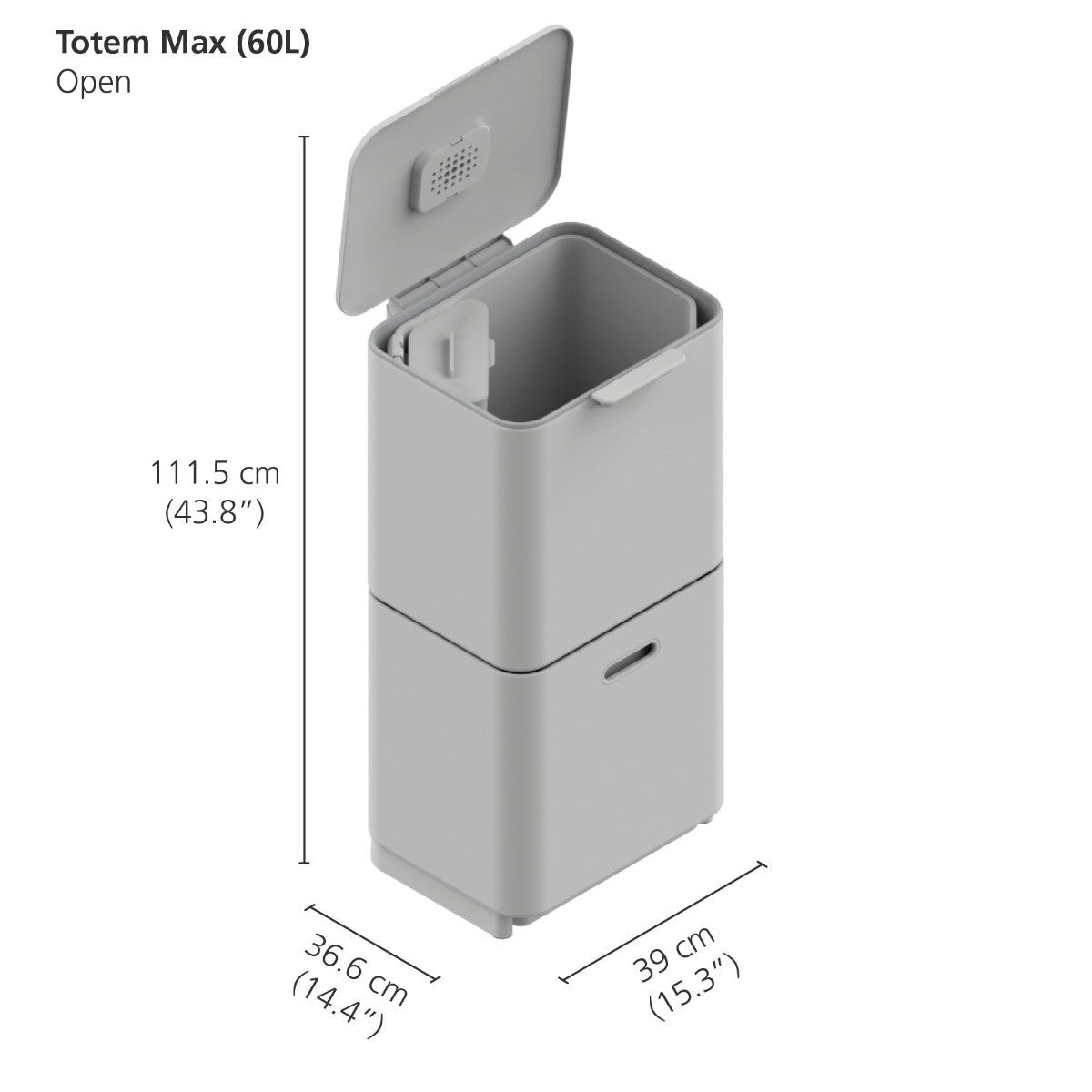 Joseph Joseph 3-Compartment Totem Max 60 Litre Kitchen Recycling Bin in graphite 30062 dimensions when open