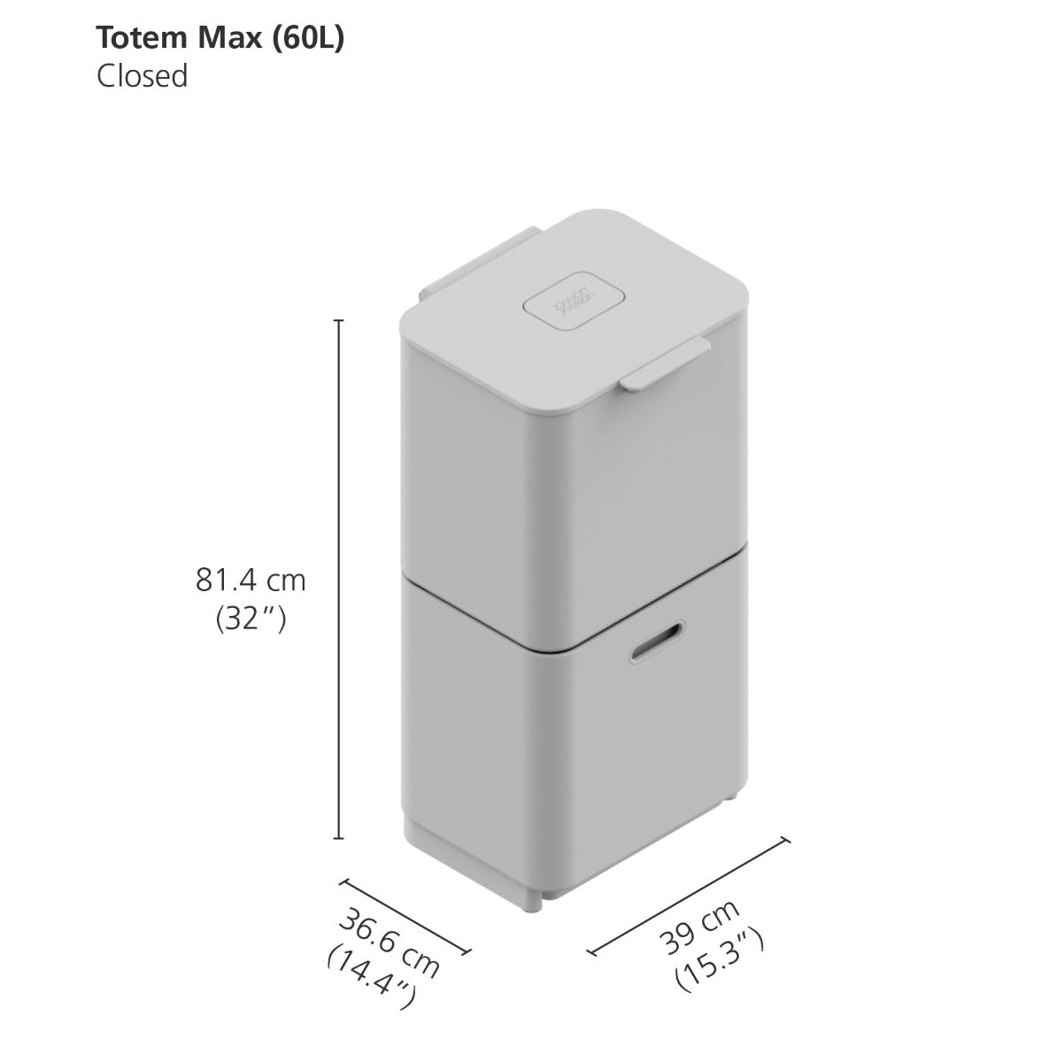 Joseph Joseph 3-Compartment Totem Max 60 Litre Kitchen Recycling Bin in Stainless Steel 30060 dimensions when closed