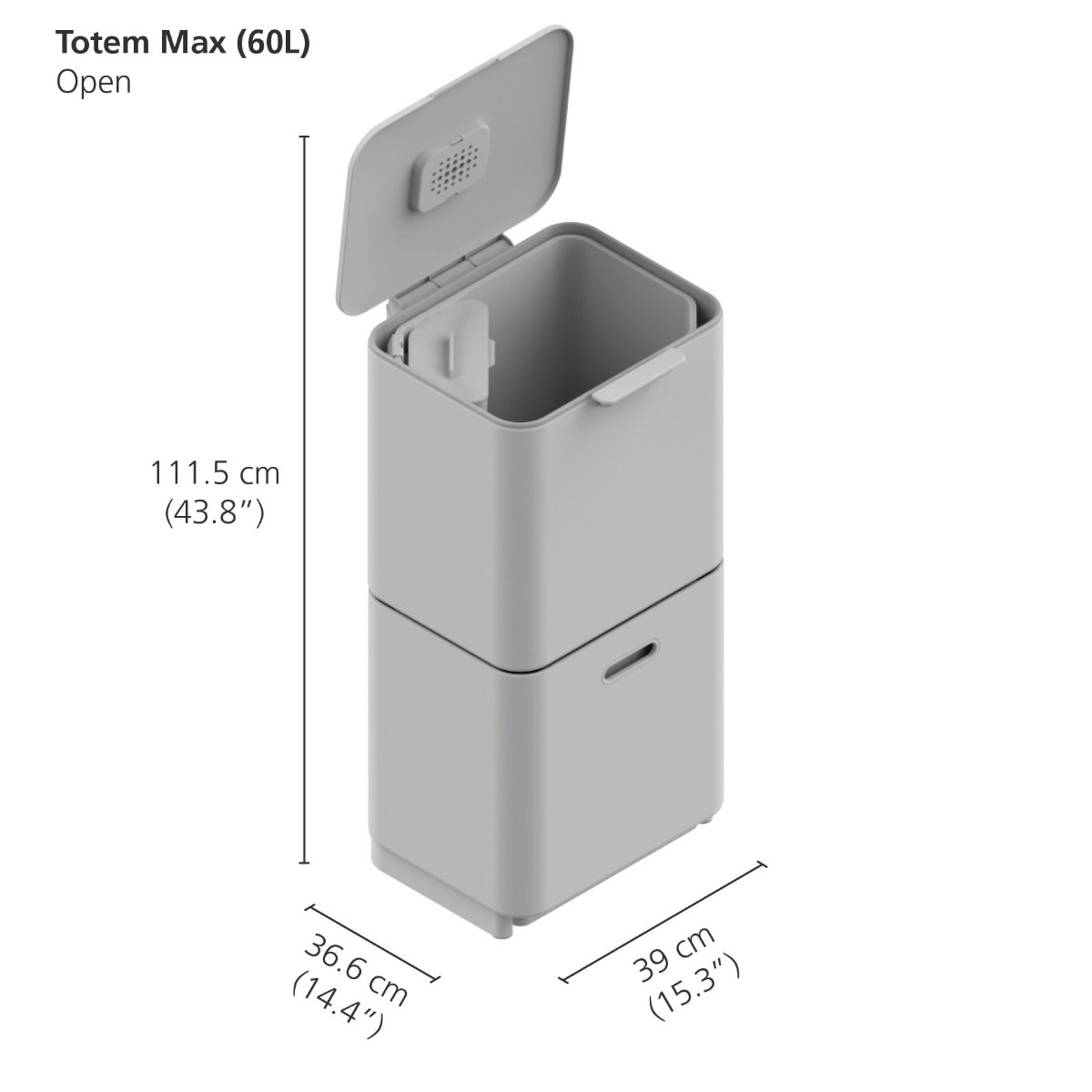 Joseph Joseph 3-Compartment Totem Max 60 Litre Kitchen Recycling Bin in Stainless Steel 30060 dimensions when open