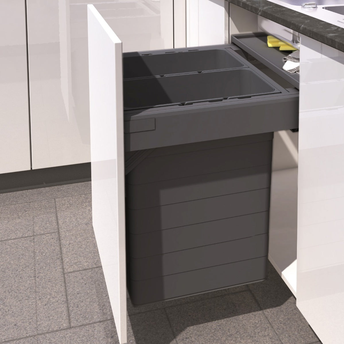 Ninka One2Five 2 compartment 84 Litre in-cupboard kitchen recycling bin in dark grey for 600mm wide cabinet 551.NK64.597