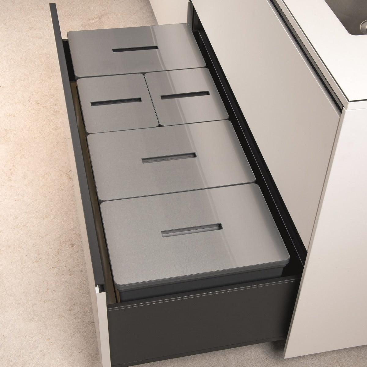 Tecnoinox Tecnobig  5 compartment 99 Litre in-drawer kitchen recycling bin in dark grey for 1200mm wide pan-drawers TECNOBIG.120.GR