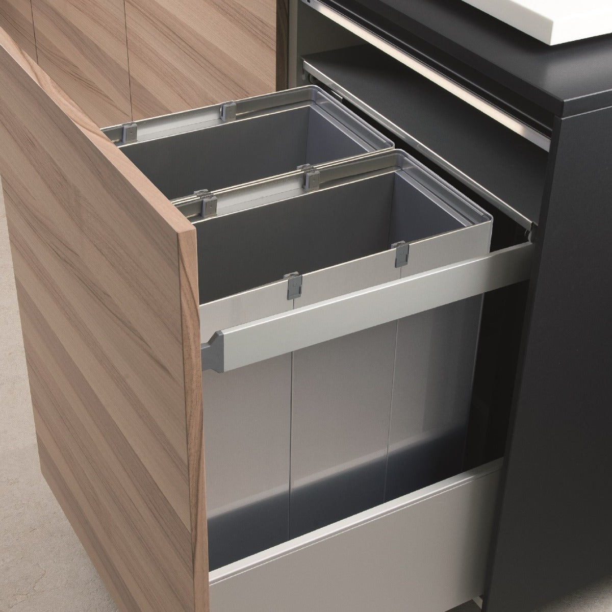 Tecnoinox Premium aluminium 2 compartment 70 Litre in-cupboard kitchen recycling bin for 600mm wide cabinet LP1.600.70.GR