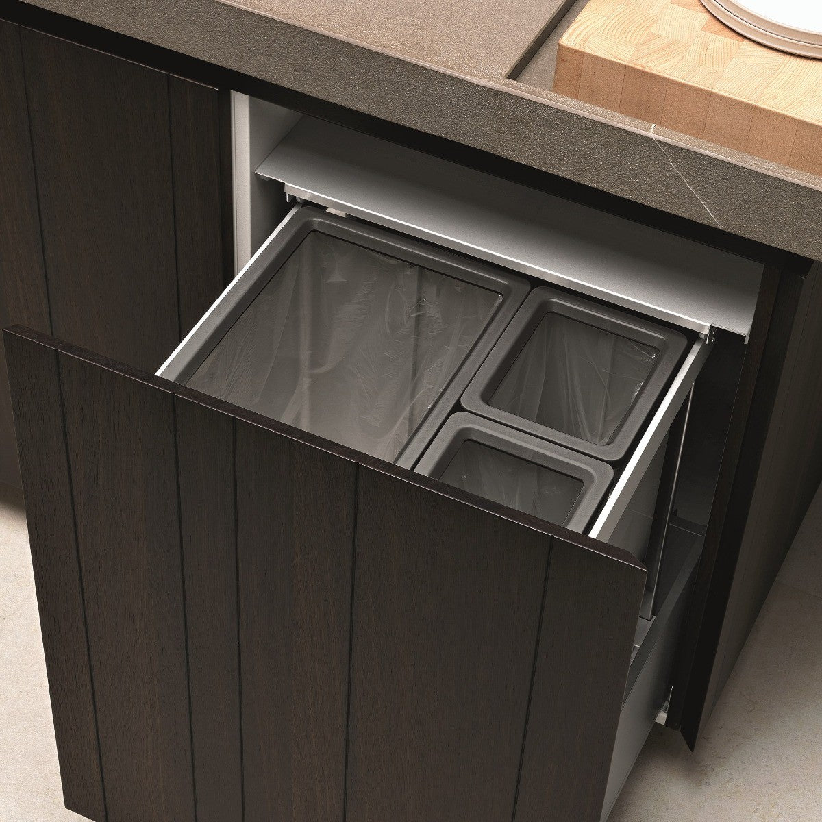Tecnoinox Premium aluminium 3 compartment 108 Litre in-cupboard kitchen recycling bin in for 600mm wide cabinet LP1.600.108.GR