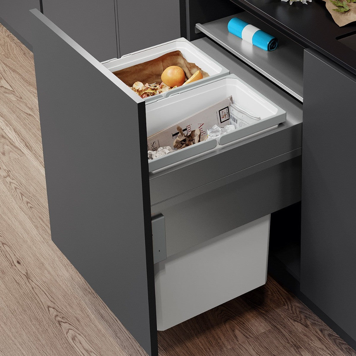 Vauth-Sagel 2 compartment ES-Pro 88 Litre in-cupboard kitchen recycling bin in silver grey for 600mm wide cabinet, 515mm deep 503.VS44.554