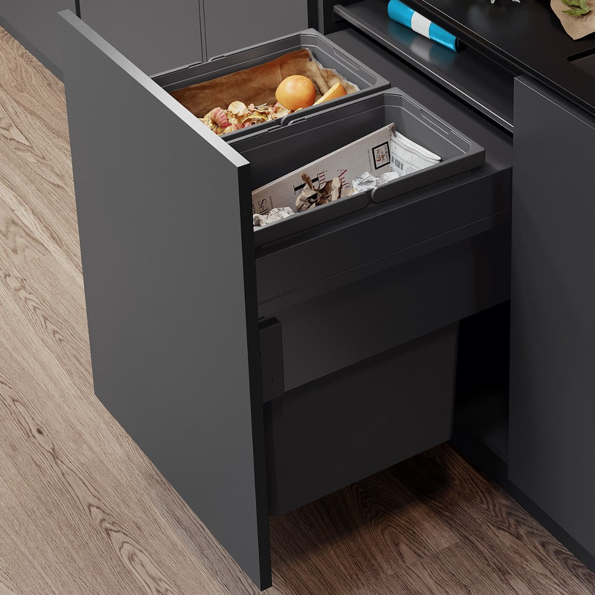 Vauth-Sagel 2 compartment ES-Pro 88 Litre in-cupboard kitchen recycling bin in lava grey for 600mm wide cabinet, 515mm deep 503.VS44.354