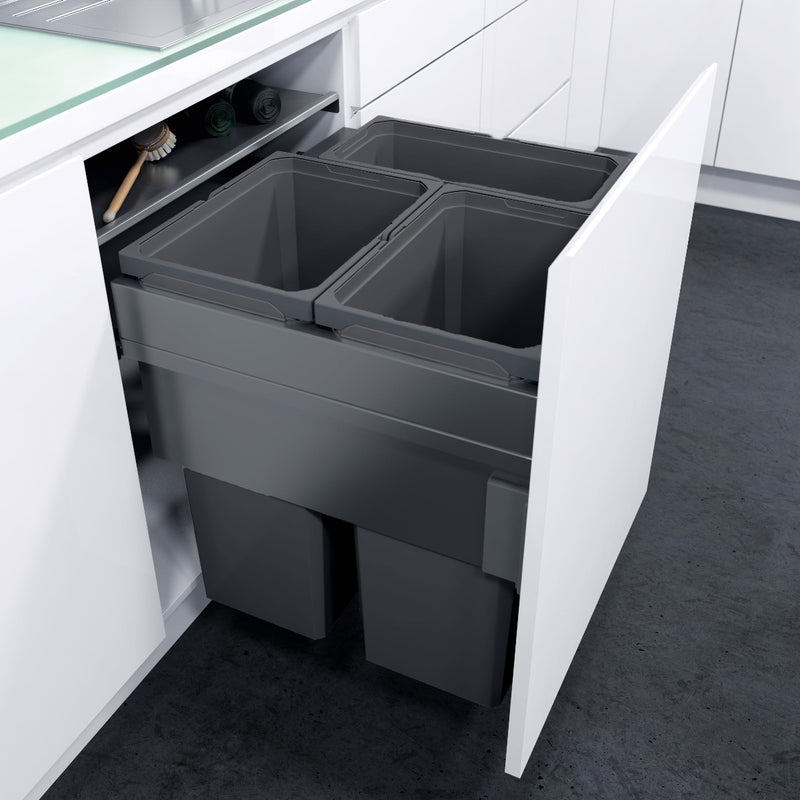 Vauth-Sagel 3 compartment ES-Pro 85 Litre in-cupboard kitchen recycling bin in lava grey for 600mm wide cabinet 503.VS44.314