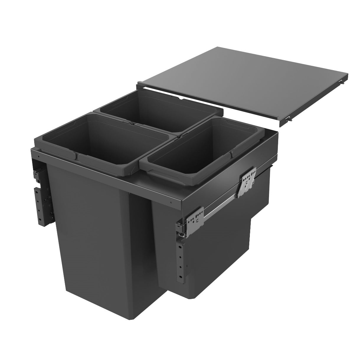 A dark grey Vauth-Sagel integrated kitchen bin with three compartments for separating waste and recycling.