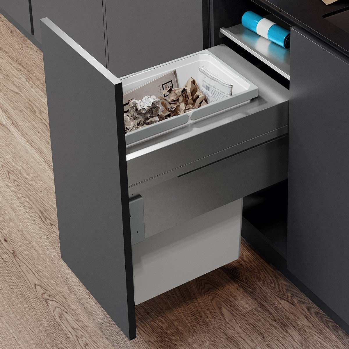Vauth-Sagel single compartment ES-Pro 44 Litre in-cupboard kitchen bin in silver grey for 400mm wide cabinet, 476mm deep 503.VS44.541