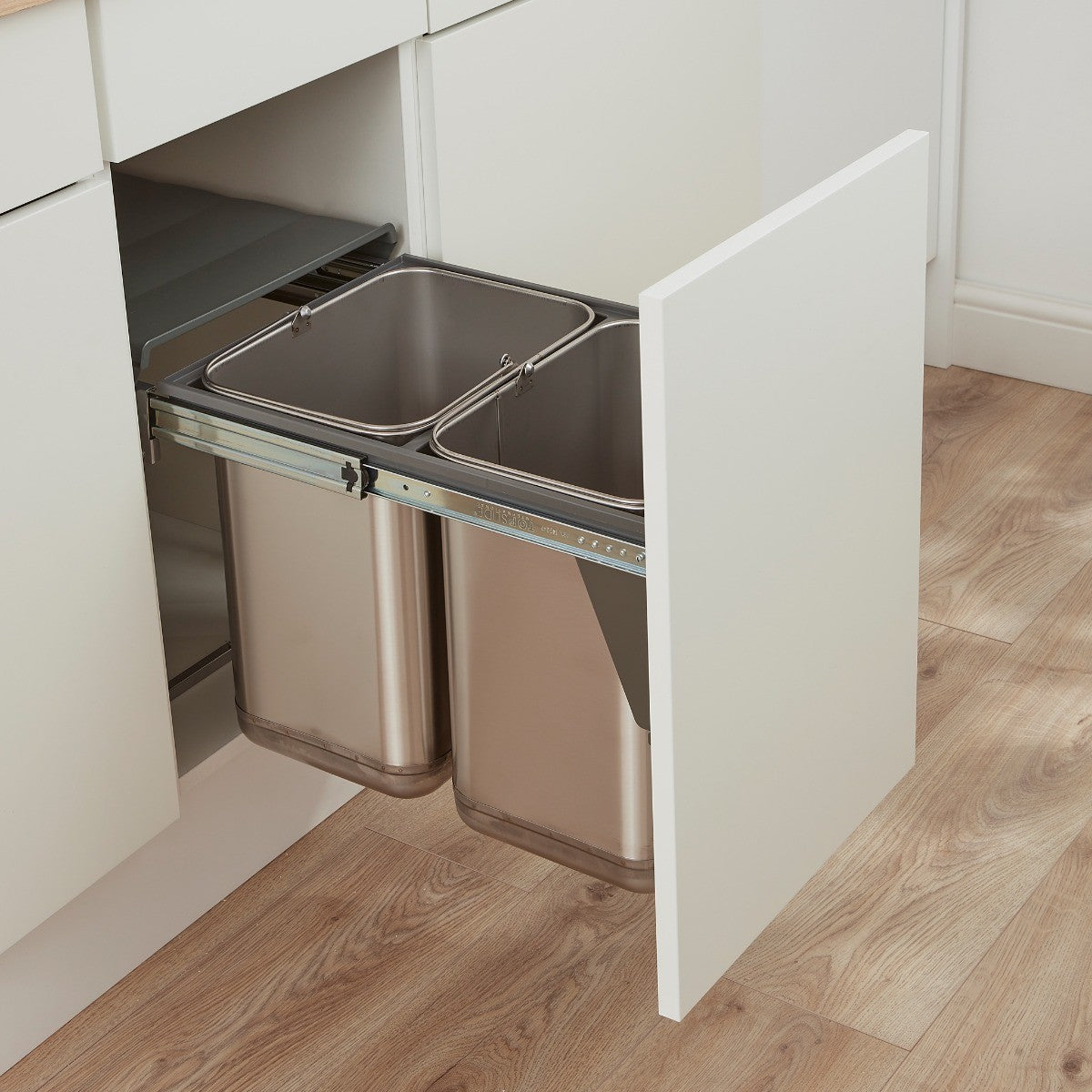 Wesco Master stainless steel 2 Compartment 40L in-cupboard kitchen recycling bin for 400mm wide pull-out door cabinet 785WS904-41 - cupboard view